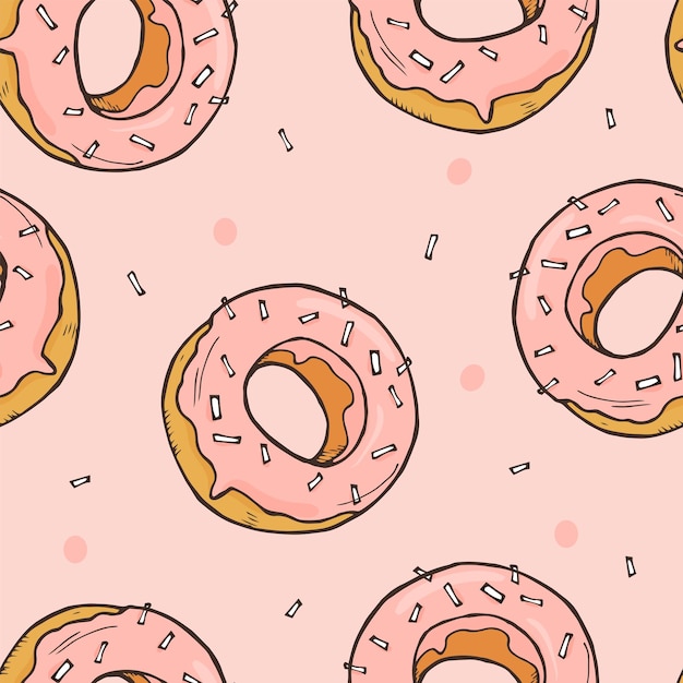 Handdrawn seamless pattern with pink donuts