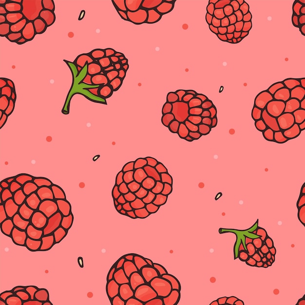 Handdrawn seamless pattern with raspberries