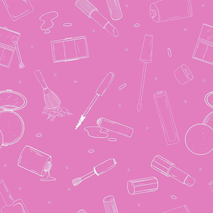 Vector handdrawn seamless pattern with womens cosmetics with a white outline
