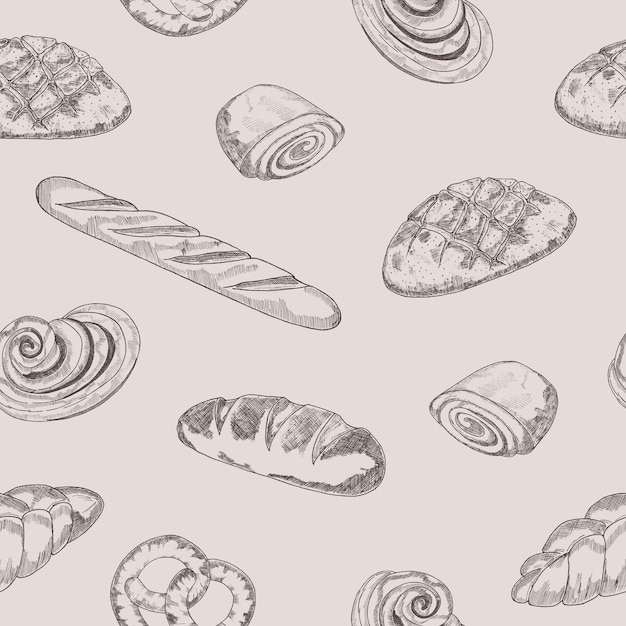Handdrawn 원활한 패턴 베이커리 제품 스케치의 배경 상점 베이커리를 위한 빈티지 음식 그림벽지 빵 집 레이블 메뉴 또는 포장 디자인