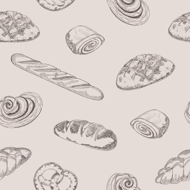 Vettore motivo senza cuciture disegnato a manosfondo dello schizzo del prodotto da forno illustrazione di cibo vintage per un menu di etichette di panetteria o di design di imballaggio per la panetteria di un negozio