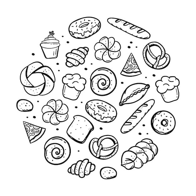 Un set disegnato a mano di elementi da forno bretzel croissant pane ciambella baguette schizzo di doodle vettoriale
