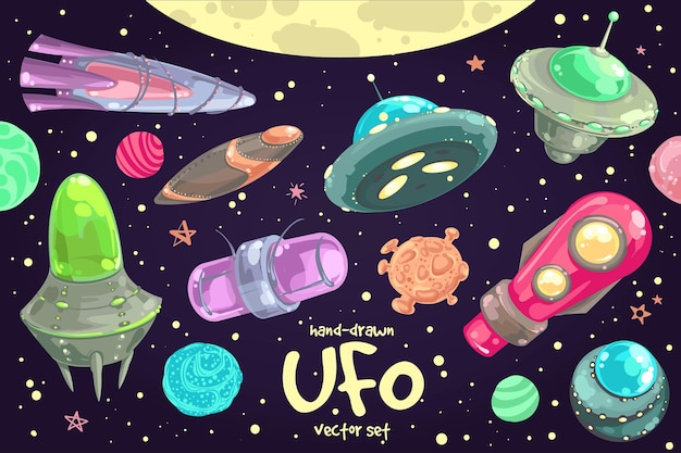 Handdrawn set cartoon funny flying saucers spaceships and UFO Space and astronomy fantastic vector