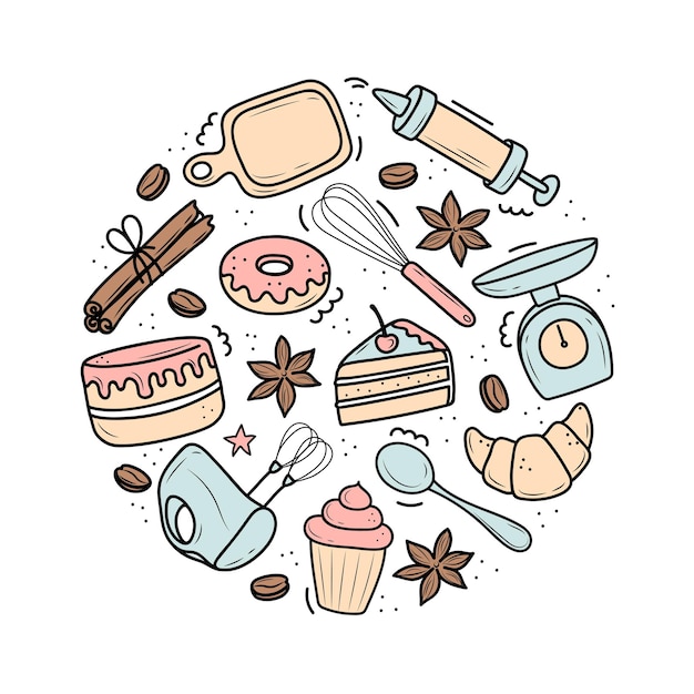 Vector handdrawn set of elements for baking doodle style