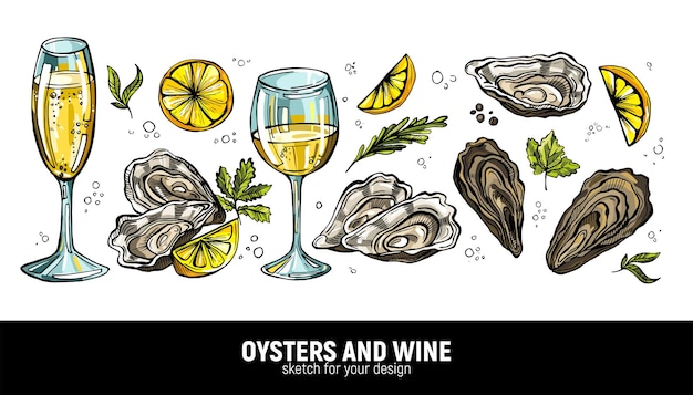 Un set disegnato a mano di ostriche e champagne al vino bianco prelibatezze di mare