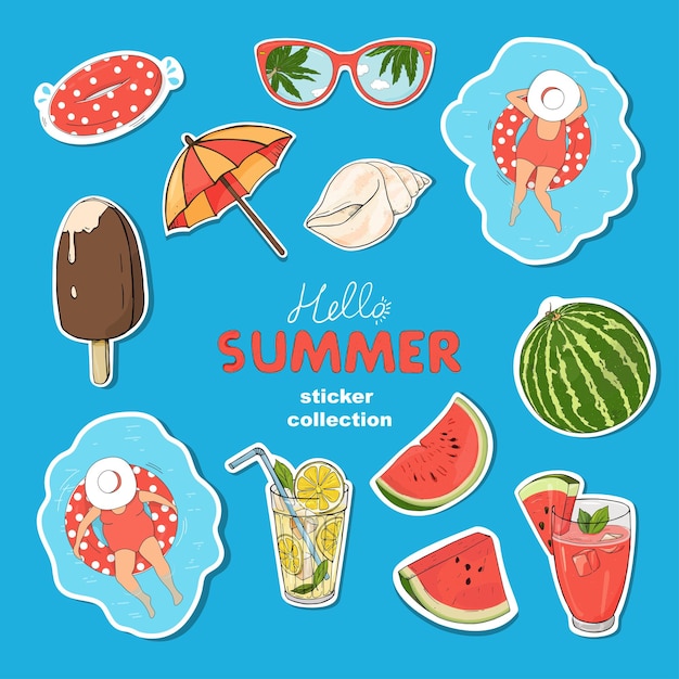 Handdrawn set of summer stickers