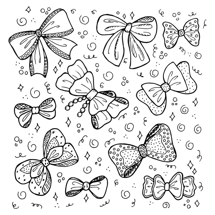 Handdrawn set of tied bows in doodle style for different types of design