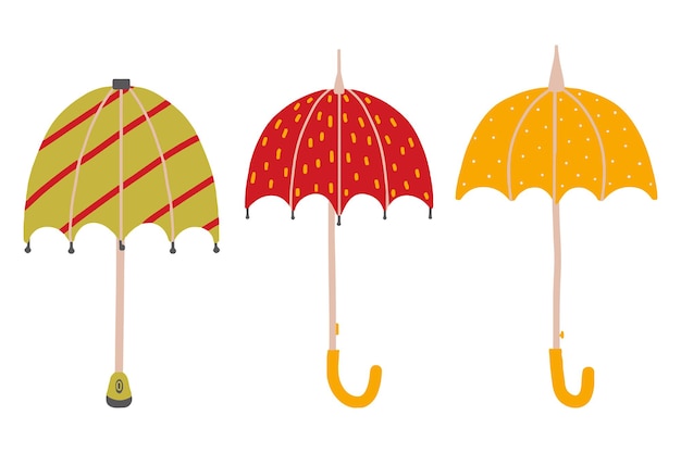 Handdrawn set of umbrellas Open and closed umbrellas Walking umbrellas