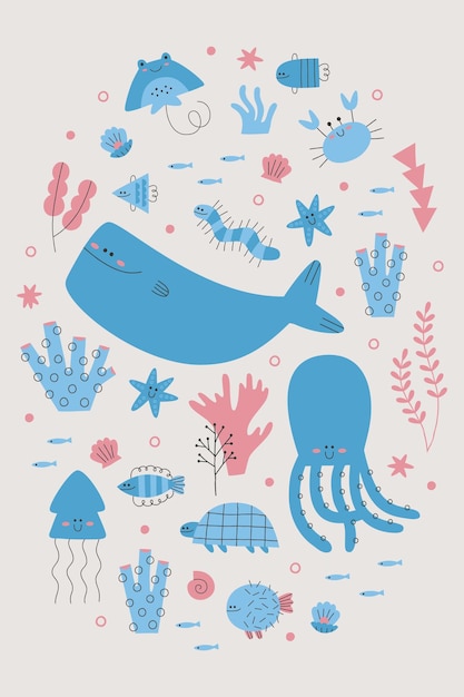 다양한 바다 동물과 바다 식물의 손으로 그린 세트