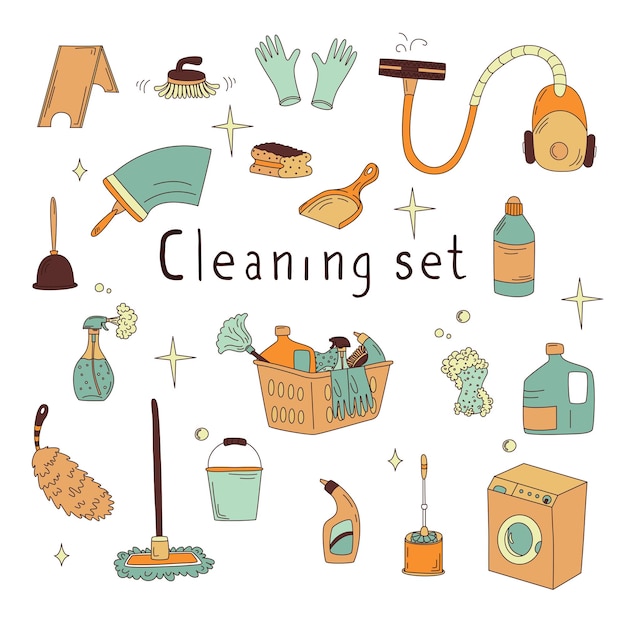 Handdrawn set with elements of cleaning products Vacuum cleaner mops gloves rags