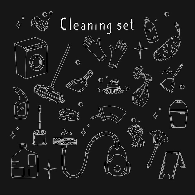 Set disegnato a mano con elementi di prodotti per la pulizia aspirapolvere mop guanti stracci