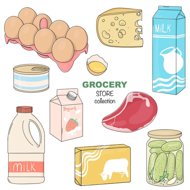 Vector handdrawn set with groceries on a white background