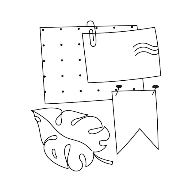 Handdrawn sheets of paper with a paper clip and pins line Doodle flag monstera and postcard