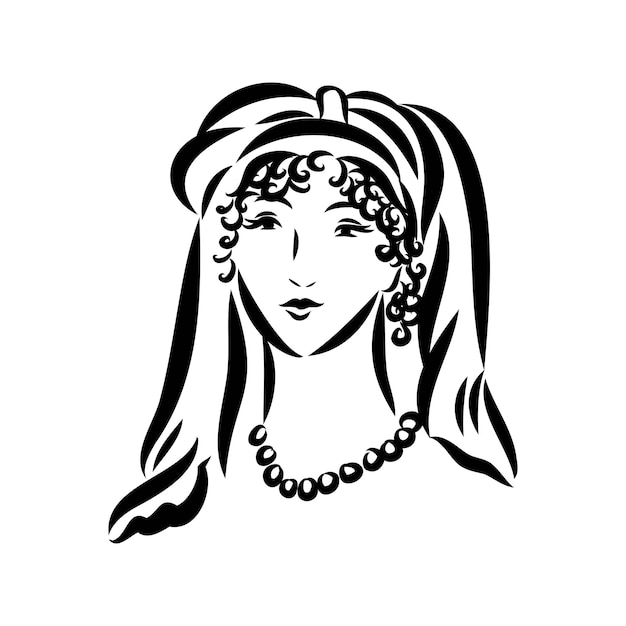 Handdrawn simple vector drawing in black outline lady in vintage dress historical fashion ink sketch