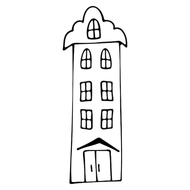 Handdrawn sketch of a house with windows and attic on a white background Children's coloring