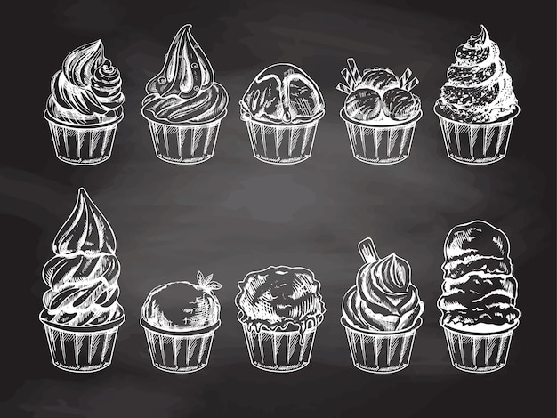 Handdrawn sketch of ice cream balls frozen yoghurt or cupcakes in cups isolated on chalkboard background white drawing Set Vector vintage engraved illustration