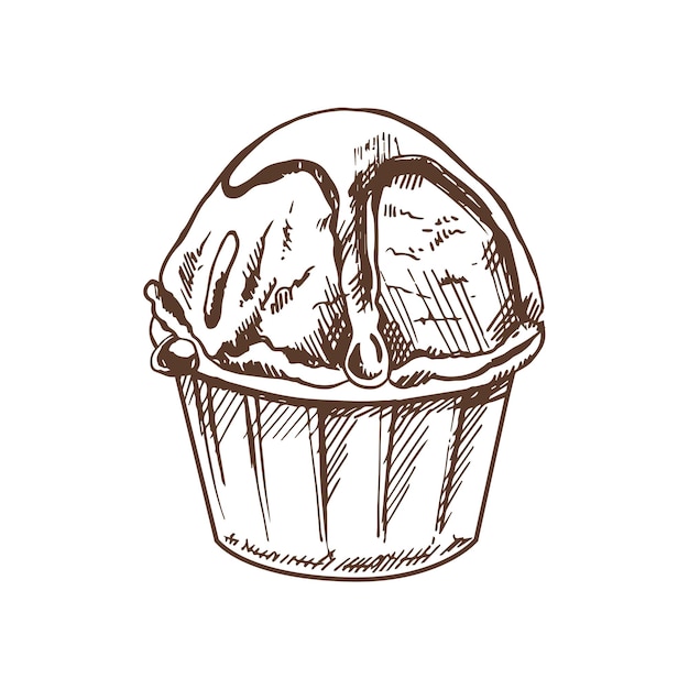 Uno schizzo disegnato a mano di un cupcake gelato con salsa al cioccolato in una tazza illustrazione d'epoca elemento per la progettazione di imballaggi di etichette e cartoline