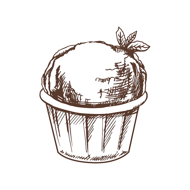 Uno schizzo disegnato a mano di un cupcake gelato con significato in una tazza illustrazione vintage elemento per la progettazione di imballaggi di etichette e cartoline