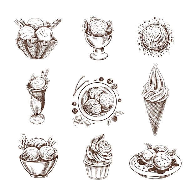 Handdrawn sketch of ice cream or frozen yoghurt in cups and cones Vintage illustration