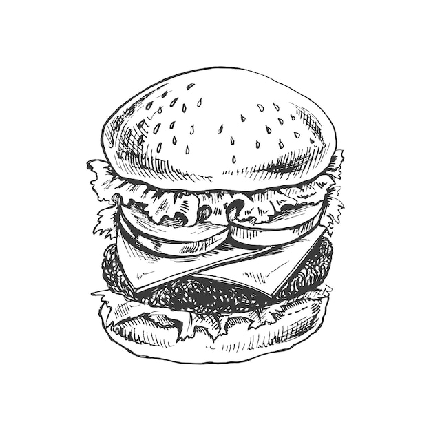 白い背景に分離された素晴らしいおいしいサンドイッチ ハンバーガー ハンバーガーの手描きのスケッチ ファーストフード ビンテージ イラスト ラベルのパッケージとはがきのデザインの要素xa