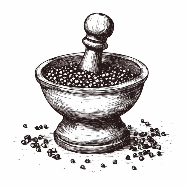 handdrawn sketch of pepper grinder on white background for culinary designs