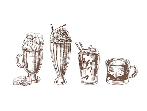 A handdrawn sketch set of drinks Coffee with whipped cream and cookies milkshake with cream ice cream affogato coffee with ice cream on a glass cup