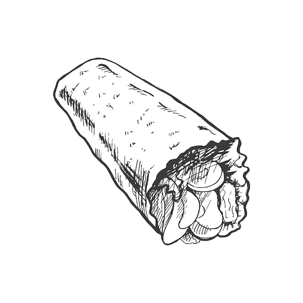 Vettore involucro di burrito in stile schizzo disegnato a mano con verdure e pezzi di carne isolati su sfondo bianco illustrazione di fast food elemento di disegno vintage per la progettazione di imballaggi di etichette e cartoline