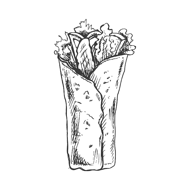 Vettore involucro di burrito in stile schizzo disegnato a mano con verdure e pezzi di carne isolati su sfondo bianco illustrazione di fast food elemento di disegno vintage per la progettazione di imballaggi di etichette e cartoline