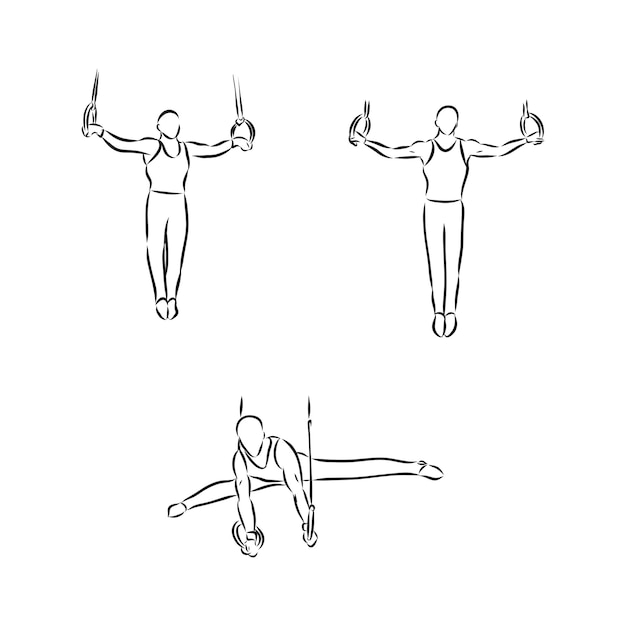 Illustrazione vettoriale impreciso disegnato a mano di ginnasta di anelli sportivi di ginnastica su anelli