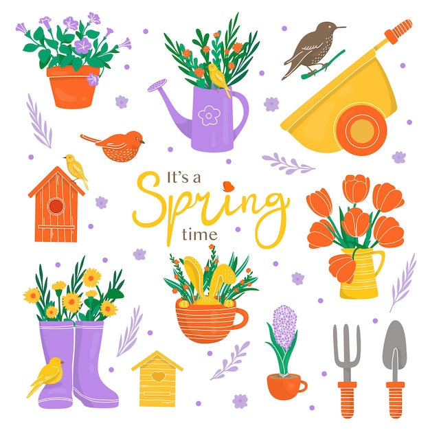 Vector handdrawn spring set with flowers and gardening tools