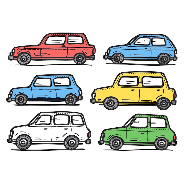 벡터 손으로 그려진 스타일 세트 컴트 자동차는 다양한 색상을 묘사하여 고전적인 영국 디자인을 연상시니다.