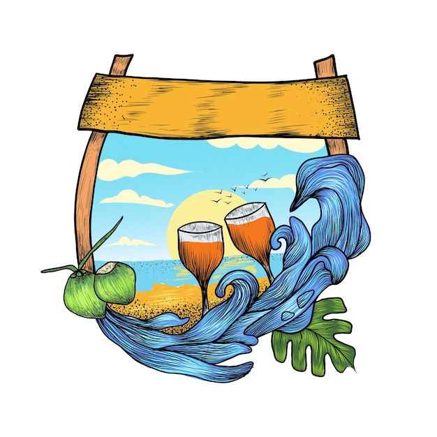 Нарисованная вручную летняя иллюстрация для футболки со свежей кокосовой водой, летний пляжный рисунок