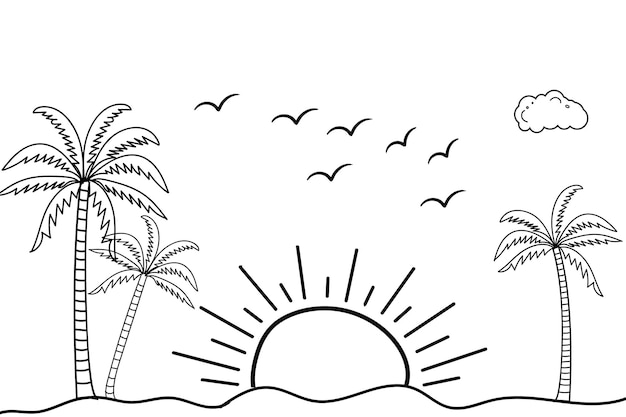 handdrawn Summer sunset tropical beach line art vector illustration Kids drawing Beach coloring