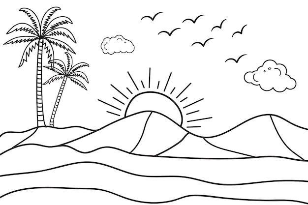 Disegno a mano tramonto estivo linea di spiaggia tropicale illustrazione vettoriale per bambini disegno colorazione di spiaggia