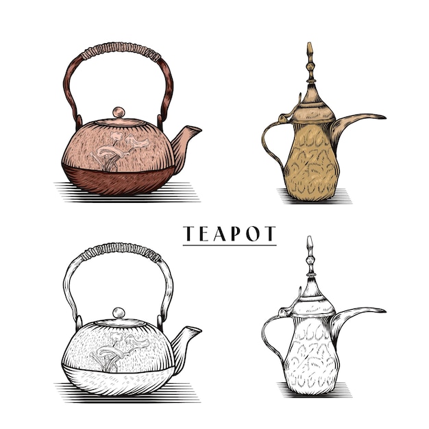 Вектор Ручная иллюстрация чайной чашки и чайника в стиле гравюры для меню или кафе