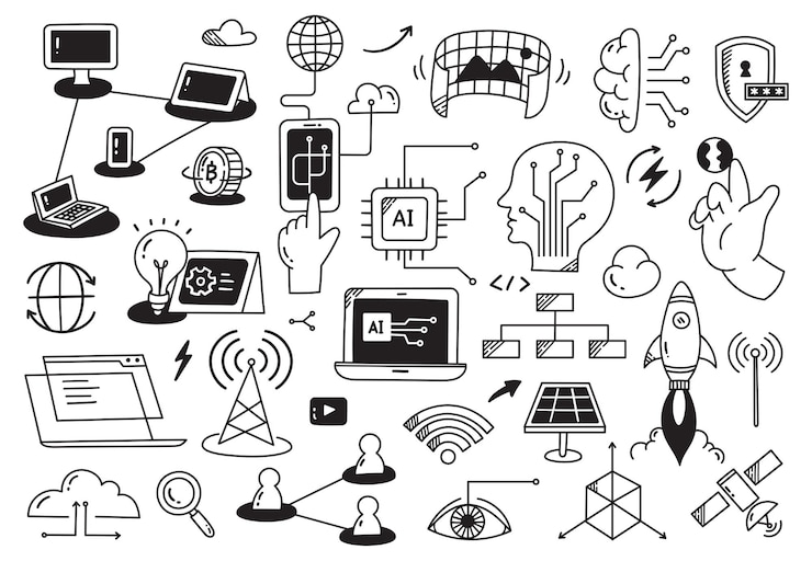 Vector handdrawn technology and ai doodle icons set vector illustrations of artificial intelligence