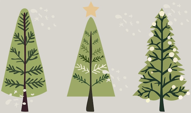 Vector handdrawn vector collection of christmas trees adorned with festive ornaments stars snowflakes