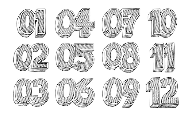 Handdrawn vector drawing of 3D Cartoon Style Numbers Listing Numbers from 01 to 12 BlackandWhit