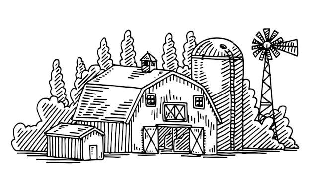 Handdrawn vector drawing of a Barn Agriculture Building BlackandWhite sketch on a transparent ba