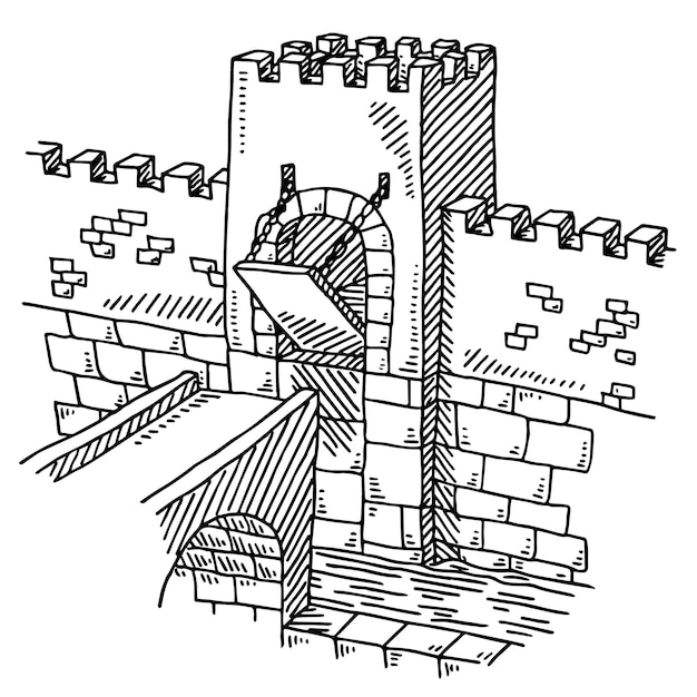 Vector handdrawn vector drawing of a half closed drawbridge castle wall blackandwhite sketch on a trans