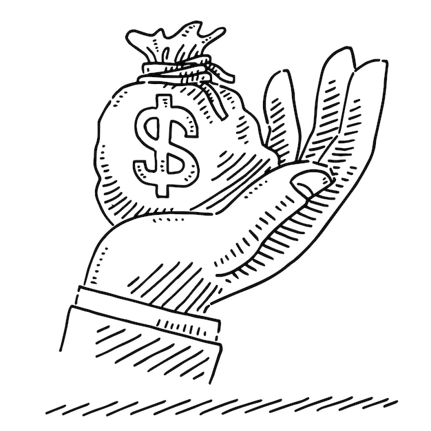 Vector handdrawn vector drawing of a hand holding money bag with a dollar sign blackandwhite sketch on