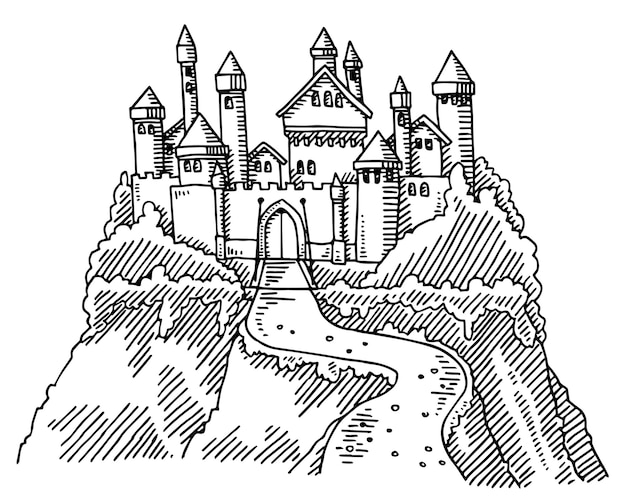 Вектор Ручной векторный рисунок сказочного замка на скале черно-белый эскиз на прозрачном