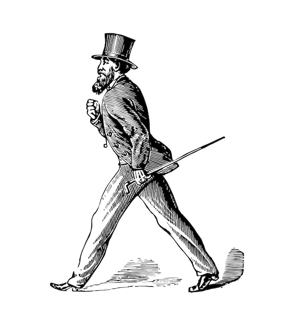 杖とシルクハットで素早く歩く紳士の手描きのベクトル描画スケッチ背景