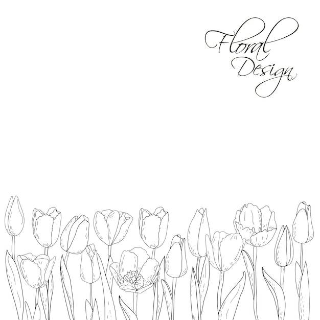 夏の花の手描きベクトル グラフィック チューリップ シルエット線形花束とポストカード