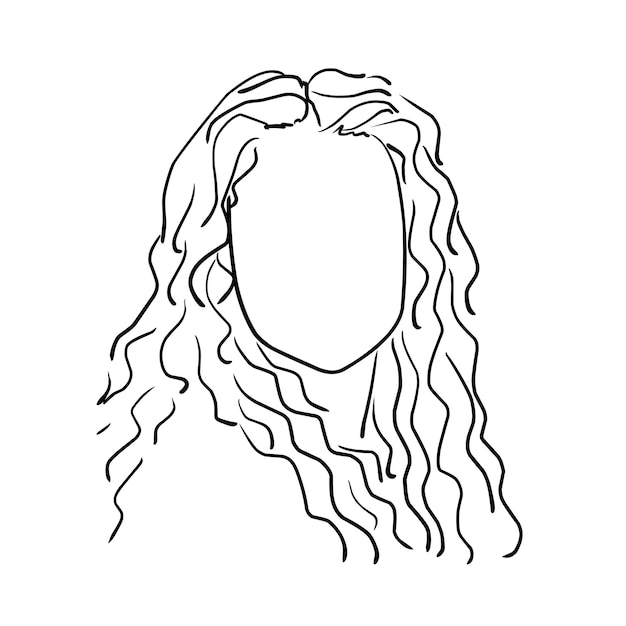 흰색 배경에 긴 곱슬머리 손으로 그린 스케치가 있는 얼굴 없는 소녀의 손으로 그린 벡터 그림