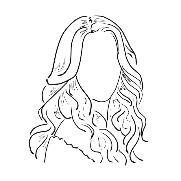 흰색 배경에 긴 머리 손으로 그린 스케치가 있는 얼굴 없는 소녀의 손으로 그린 벡터 그림