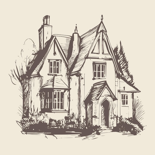 Vector a handdrawn vector illustration sketch of an old english house or manor depicting the traditional european architecture of the 19th century the sketch is presented on a light background