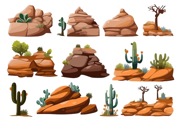 Vector handdrawn vector illustrations of desert landscape elements including cacti rocks sandstones succulents trees and plants in a cartoon style