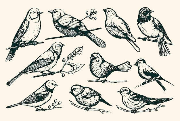 Handdrawn vector illustrations of various birds