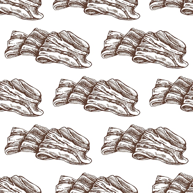 Handdrawn vector seamless pattern of bacon in engraved vintage style